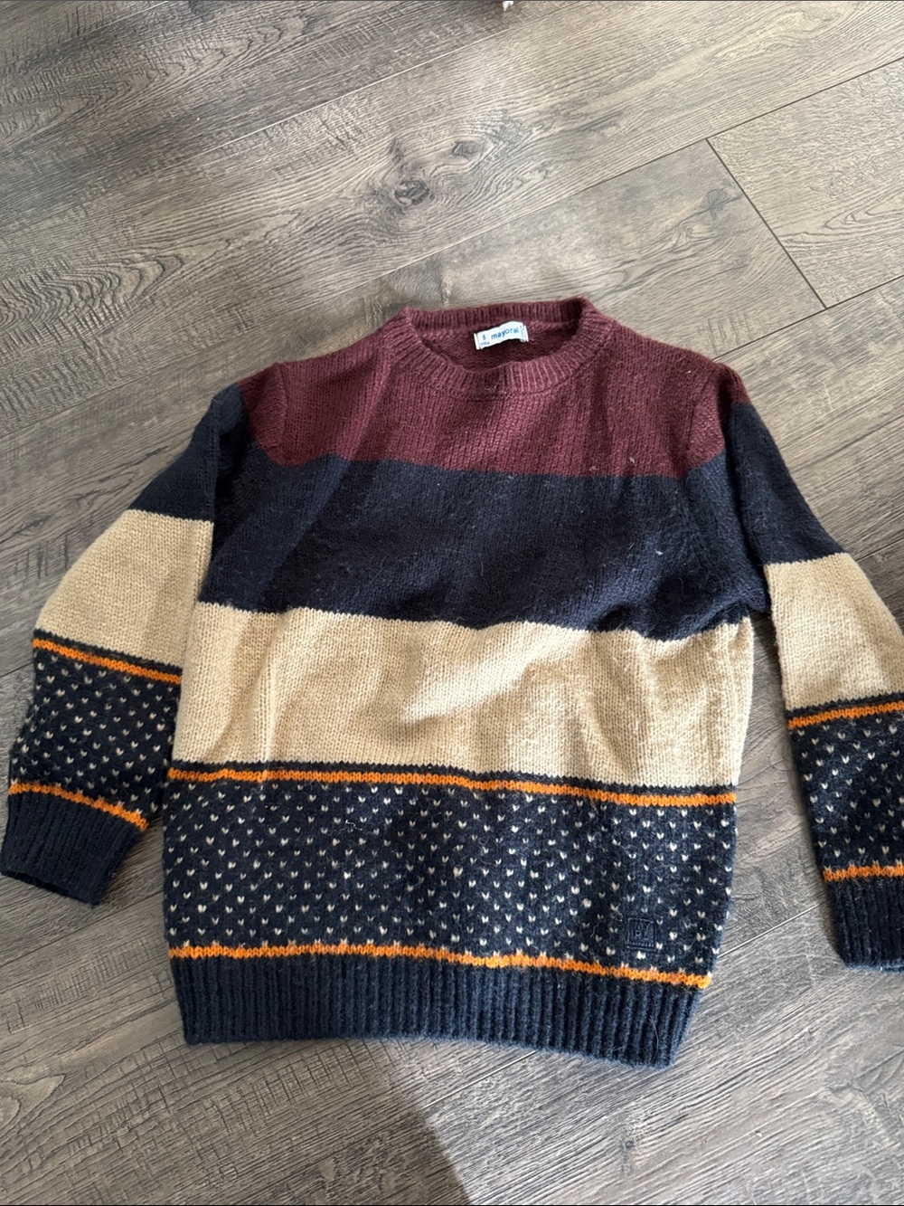 Mayoral Striped Crewneck Sweater in Burgundy, Navy & Cream with Orange Accents
